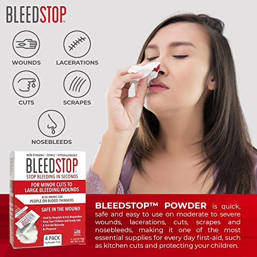 BleedStop™ First Aid Powder for Blood Clotting, Trauma Kit, Blood Thinner Patients, Camping Safety, and Survival Equipment for Moderate to Severe Bleeding Wounds or Nosebleeds - 4 (15g) Pouches